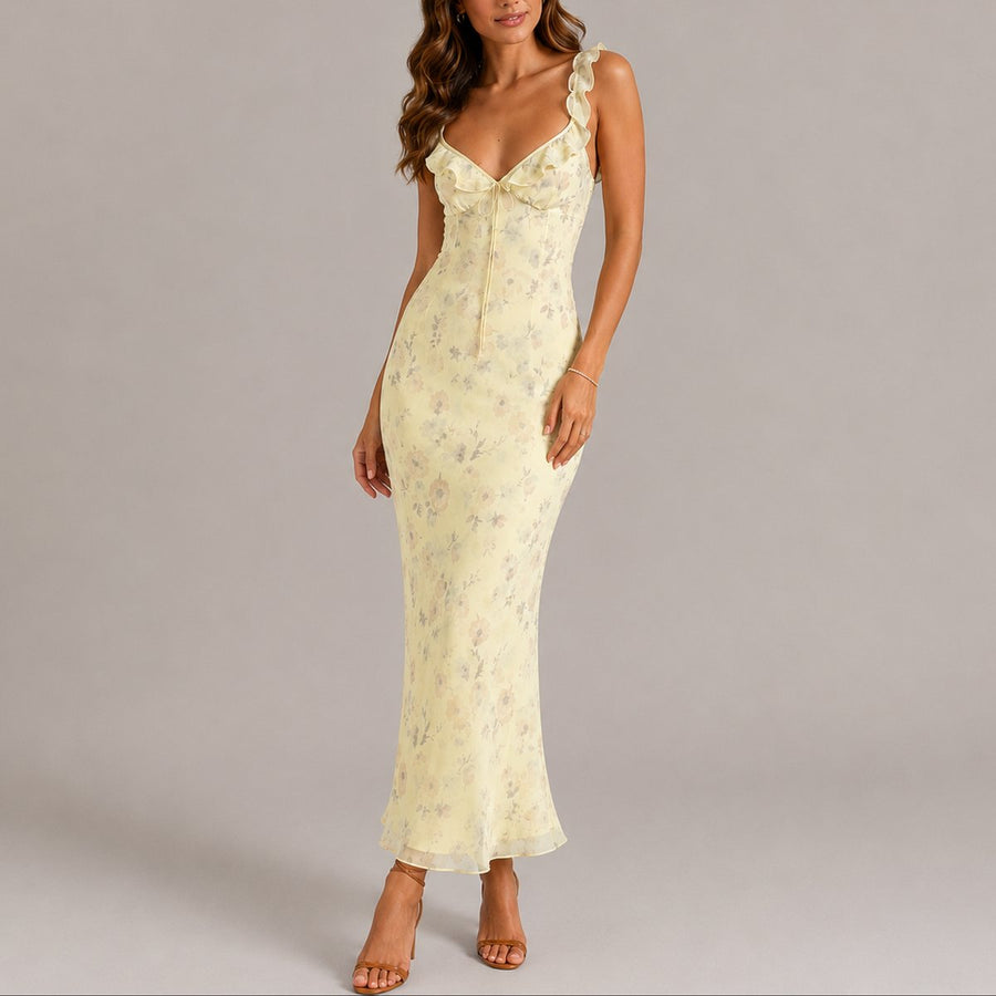 Women's Floral Ruffle Strap Fitted Maxi Dress - Wedding Guest | Summer - Yellow