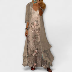 Women's Floral V-Neck Layered Maxi Dress - Elegant Flowing Style - Beige