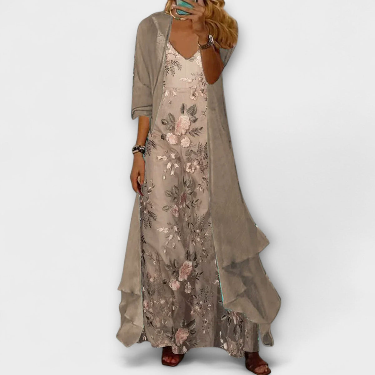 Women's Floral V-Neck Layered Maxi Dress - Elegant Flowing Style - Beige