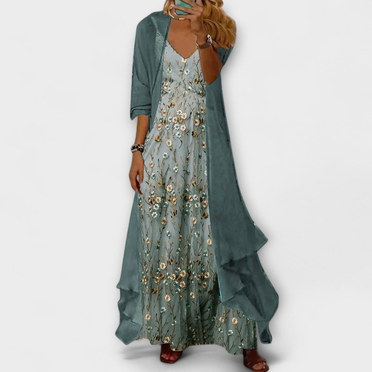 Women's Floral V-Neck Layered Maxi Dress - Elegant Flowing Style - Blue