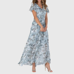 Women's Floral V-Neck Maxi Dress - Elegant Summer Style - Blue