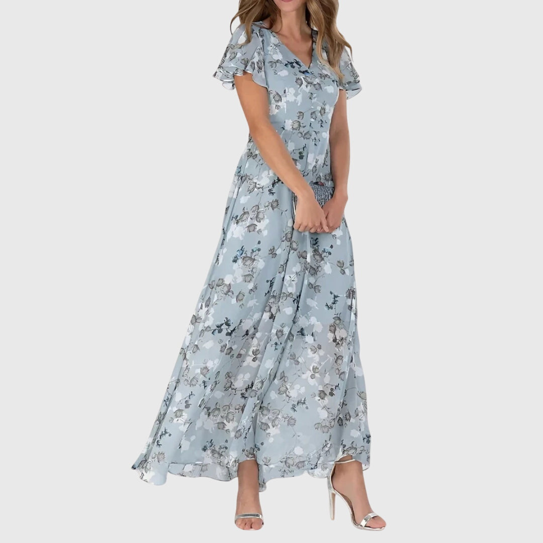 Women's Floral V-Neck Maxi Dress - Elegant Summer Style - Blue