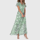 Women's Floral V-Neck Maxi Dress - Elegant Summer Style - Green