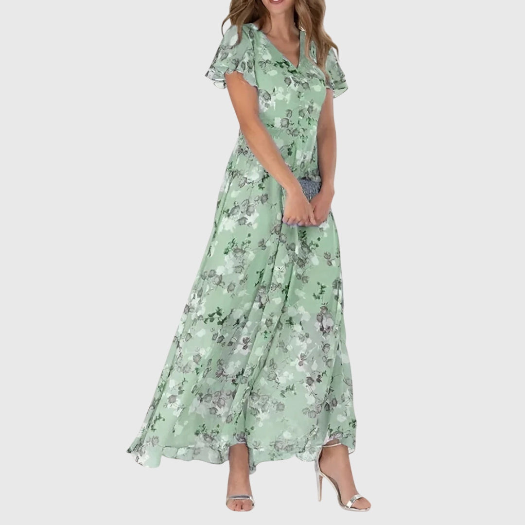 Women's Floral V-Neck Maxi Dress - Elegant Summer Style - Green