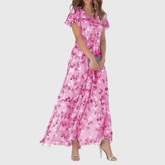 Women's Floral V-Neck Maxi Dress - Elegant Summer Style - Light Pink