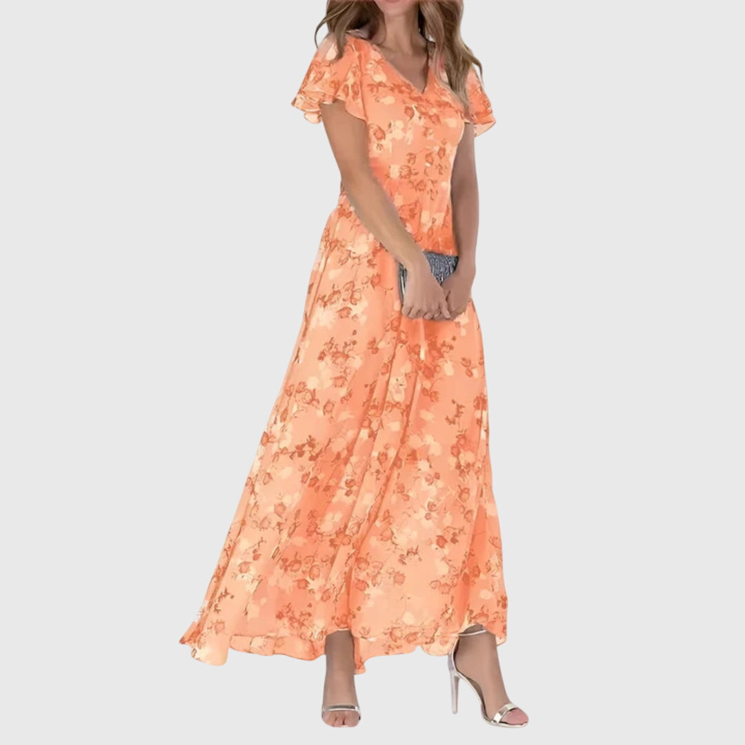 Women's Floral V-Neck Maxi Dress - Elegant Summer Style - Orange
