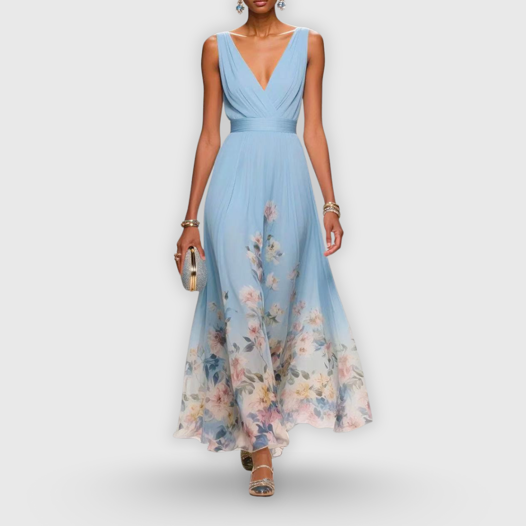 Women's Floral V-Neck Maxi Dress - Summer - Light Blue