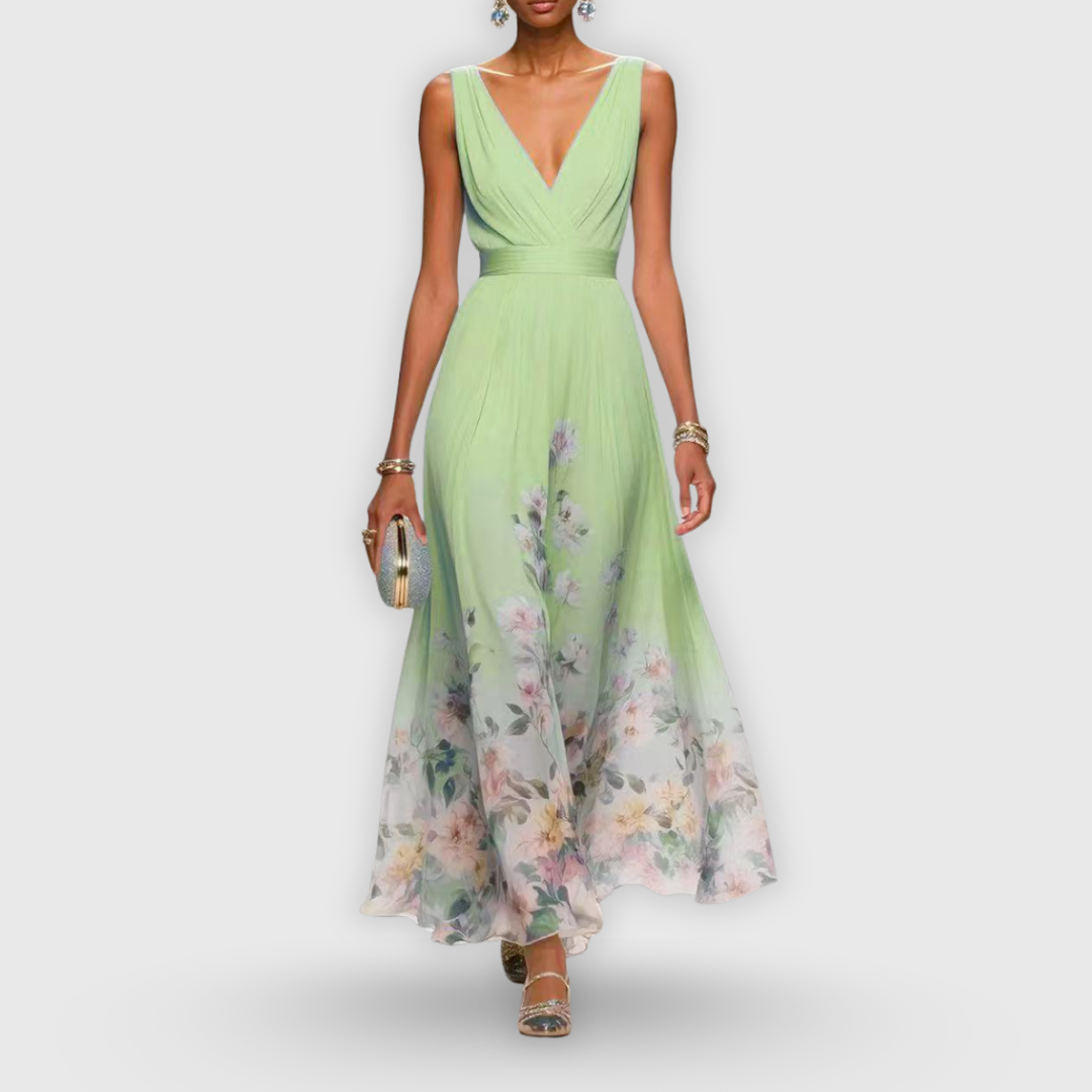 Women's Floral V-Neck Maxi Dress - Summer - Mint Green