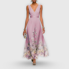 Women's Floral V-Neck Maxi Dress - Summer - Pink