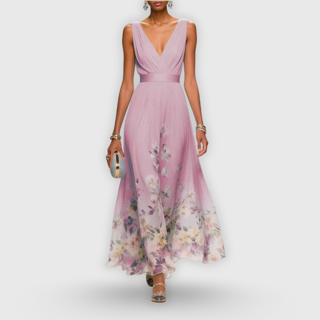 Women's Floral V-Neck Maxi Dress - Summer - Pink