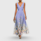 Women's Floral V-Neck Maxi Dress - Summer - Purple