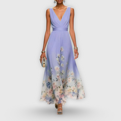 Women's Floral V-Neck Maxi Dress - Summer - Purple