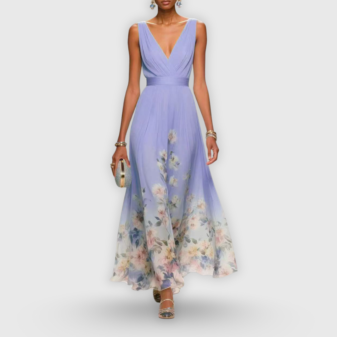 Women's Floral V-Neck Maxi Dress - Summer - Purple