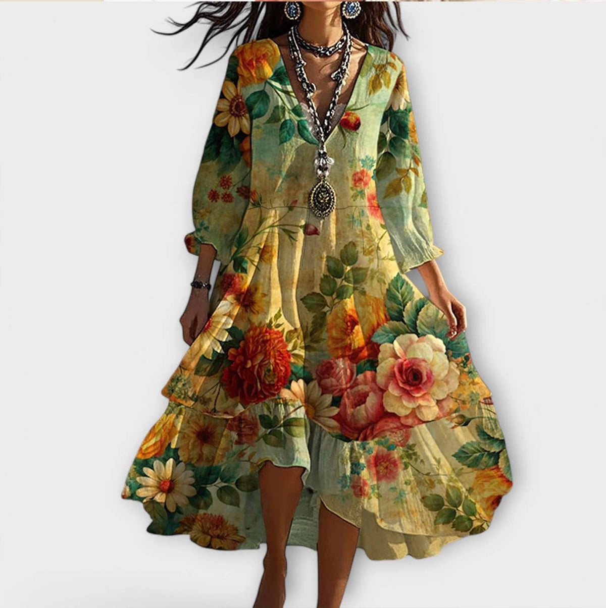 Women's Floral V-Neck Midi Dress - Boho Summer - Floral