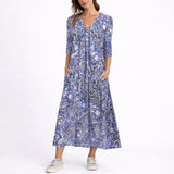 Women's Floral V-Neck Midi Dress - Fall Wedding Guest - Blue