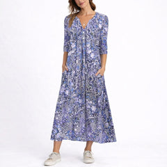 Women's Floral V-Neck Midi Dress - Fall Wedding Guest - Blue