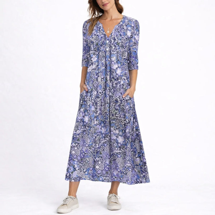 Women's Floral V-Neck Midi Dress - Fall Wedding Guest - Blue