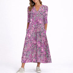 Women's Floral V-Neck Midi Dress - Fall Wedding Guest - Purple