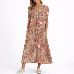 Women's Floral V-Neck Midi Dress - Fall Wedding Guest - Red