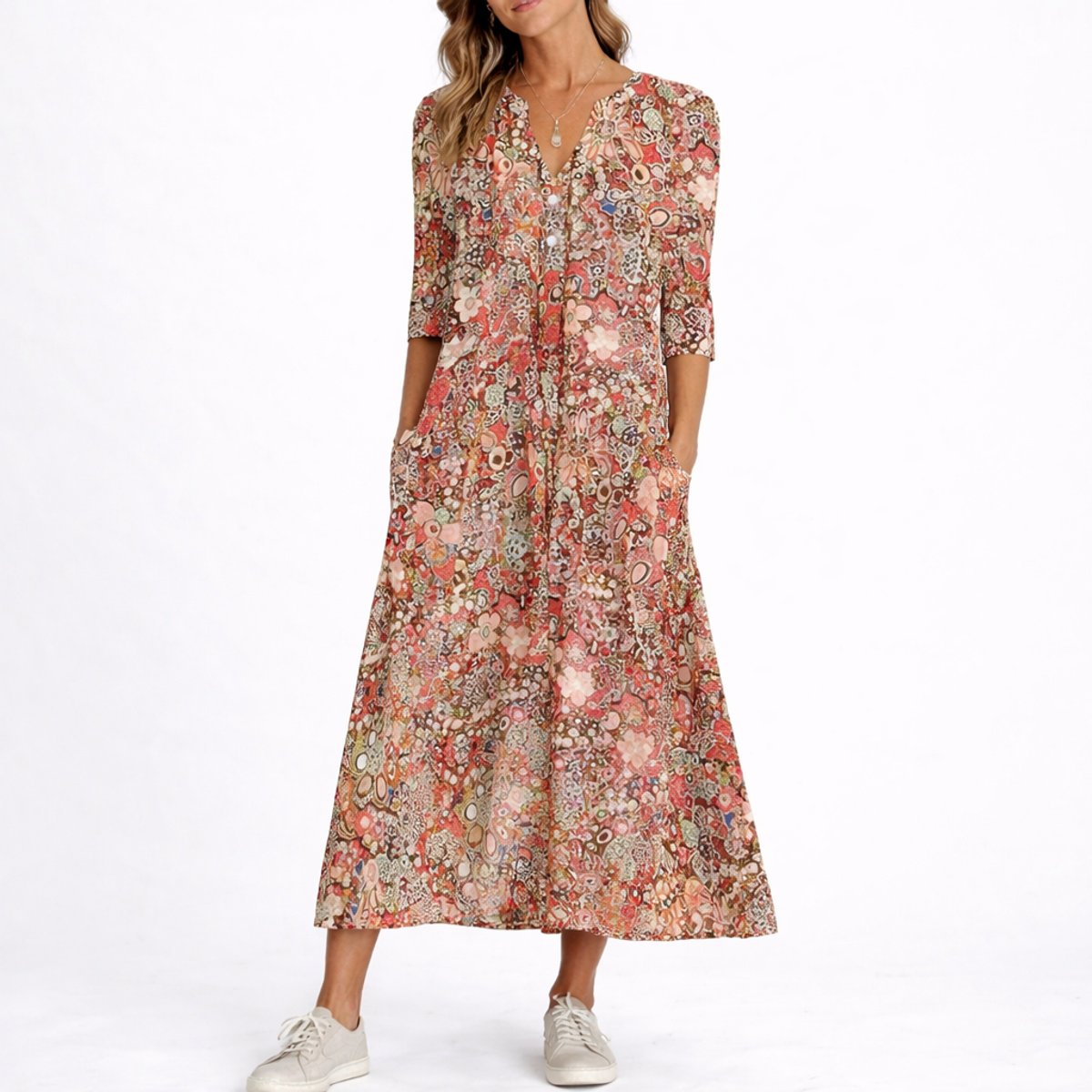 Women's Floral V-Neck Midi Dress - Fall Wedding Guest - Red