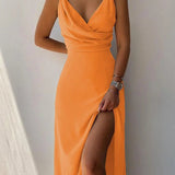 Women's Floral V-Neck Midi Dress - Summer - Orange