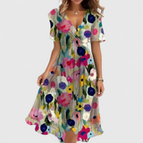 Women's Floral V-Neck Midi Dress - Summer Style - Beige Floral