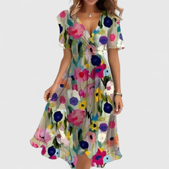 Women's Floral V-Neck Midi Dress - Summer Style - Beige Floral