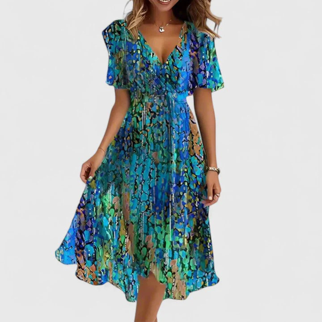 Women's Floral V-Neck Midi Dress - Summer Style - Blue-Green