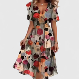 Women's Floral V-Neck Midi Dress - Summer Style - Brown Floral