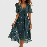 Women's Floral V-Neck Midi Dress - Summer Style - Green