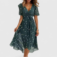 Women's Floral V-Neck Midi Dress - Summer Style - Green
