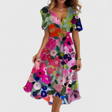 Women's Floral V-Neck Midi Dress - Summer Style - Multi-Color Floral