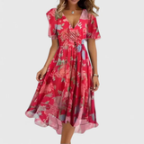 Women's Floral V-Neck Midi Dress - Summer Style - Red