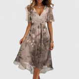 Women's Floral V-Neck Midi Dress - Summer Style - Tan