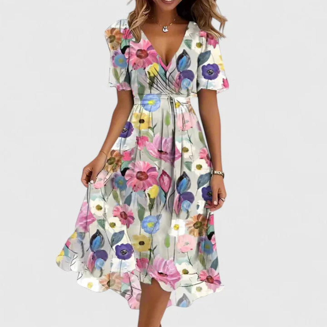 Women's Floral V-Neck Midi Dress - Summer Style - White Floral