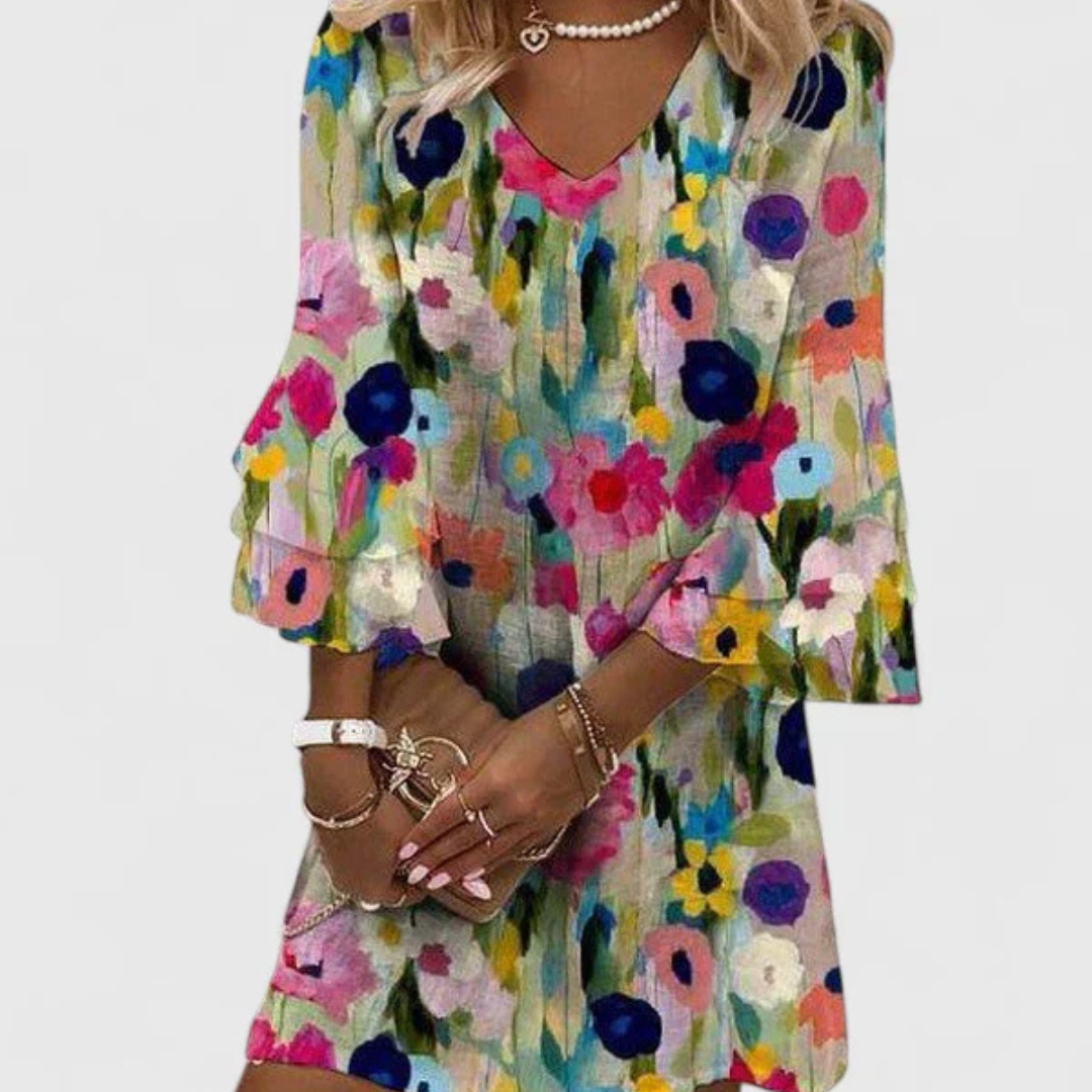 Women's Floral V-Neck Mini Dress - Summer Print - Multicolor