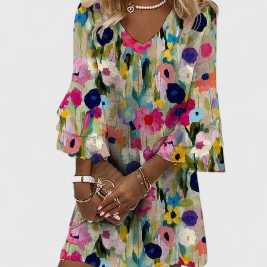 Women's Floral V-Neck Mini Dress - Summer Print - Multicolor