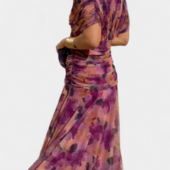 Women's Floral V-Neck Pleated Dress - Elegant Evening Wear | Spring