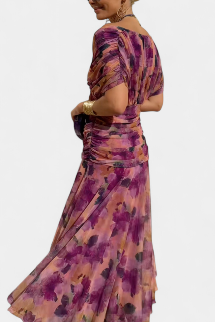 Women's Floral V-Neck Pleated Dress - Elegant Evening Wear | Spring