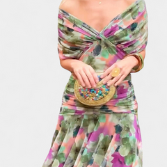 Women's Floral V-Neck Pleated Dress - Elegant Evening Wear | Spring