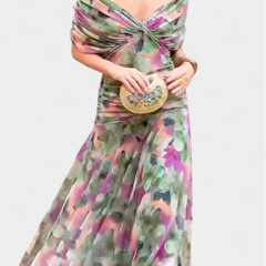 Women's Floral V-Neck Pleated Dress - Elegant Evening Wear | Spring