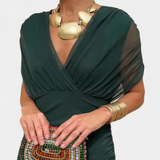 Women's Floral V-Neck Pleated Dress - Elegant Evening Wear | Spring - Green