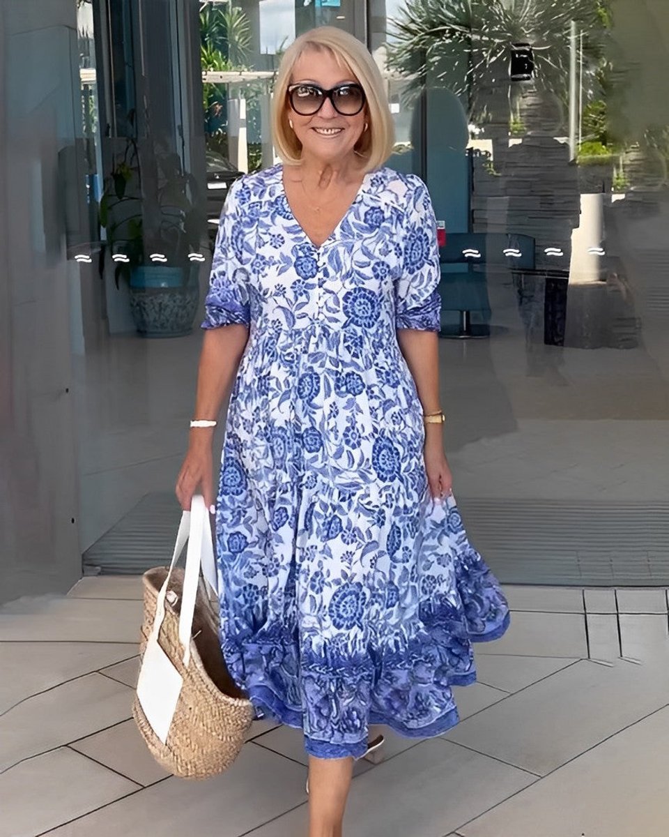 Women's Floral V-Neck Tiered Midi Dress - Blue | Spring