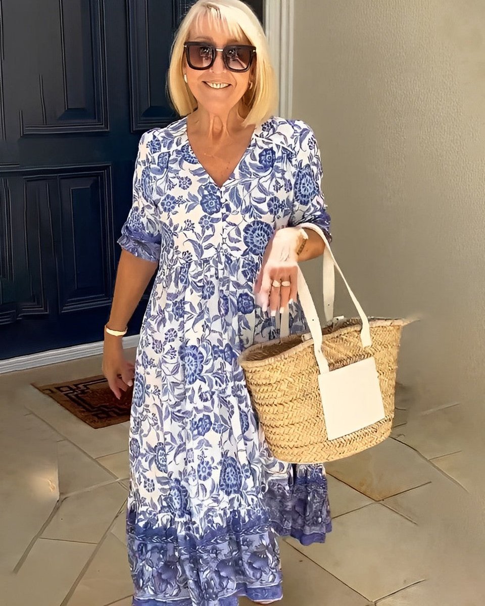 Women's Floral V-Neck Tiered Midi Dress - Blue | Spring