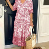 Women's Floral V-Neck Tiered Midi Dress - Blue | Spring - Pink
