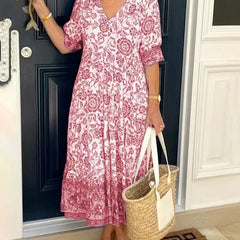 Women's Floral V-Neck Tiered Midi Dress - Blue | Spring - Pink