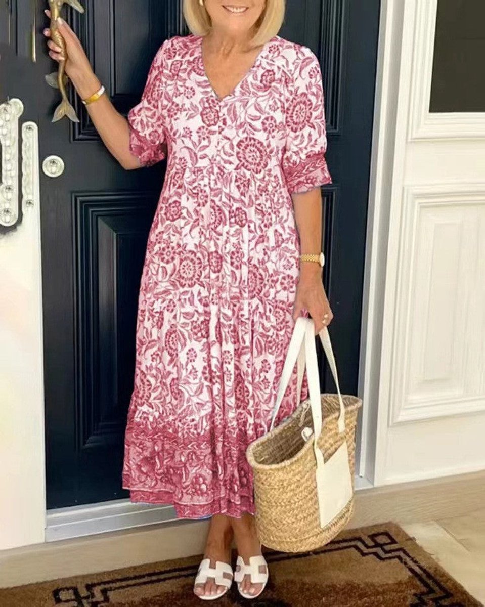Women's Floral V-Neck Tiered Midi Dress - Blue | Spring - Pink