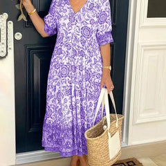 Women's Floral V-Neck Tiered Midi Dress - Blue | Spring - Purple