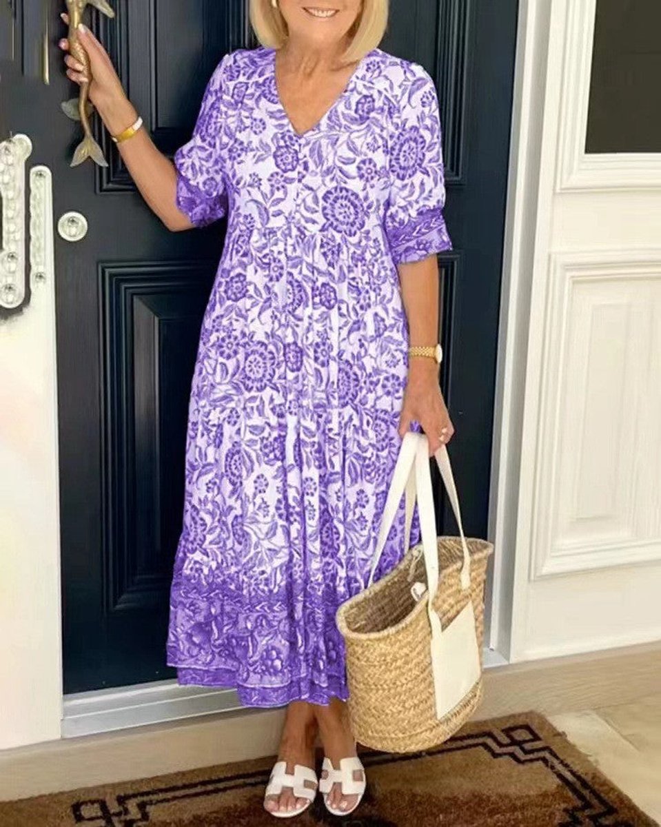Women's Floral V-Neck Tiered Midi Dress - Blue | Spring - Purple