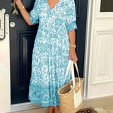 Women's Floral V-Neck Tiered Midi Dress - Blue | Spring - Sky Blue